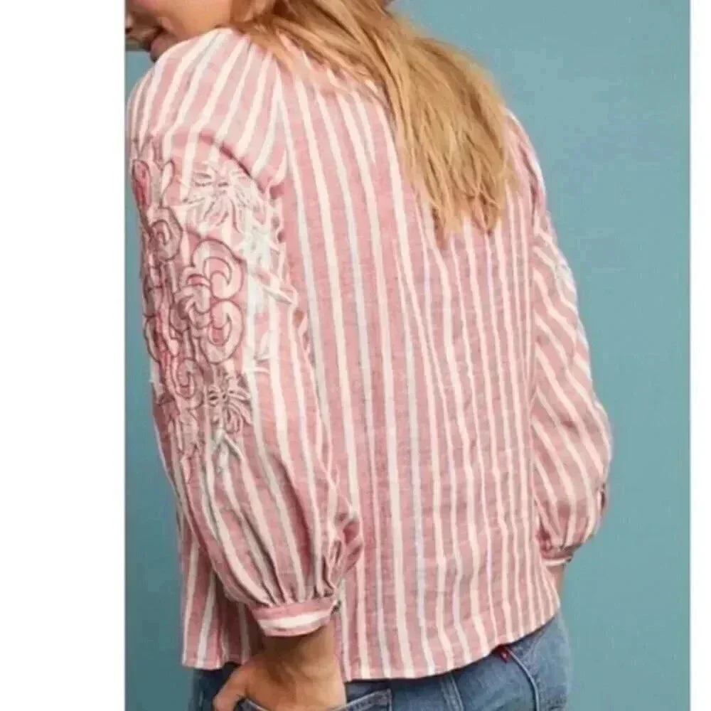 Anthropologie Akemi +Kin Audria Linen Size Small Striped Boho Blouse Top